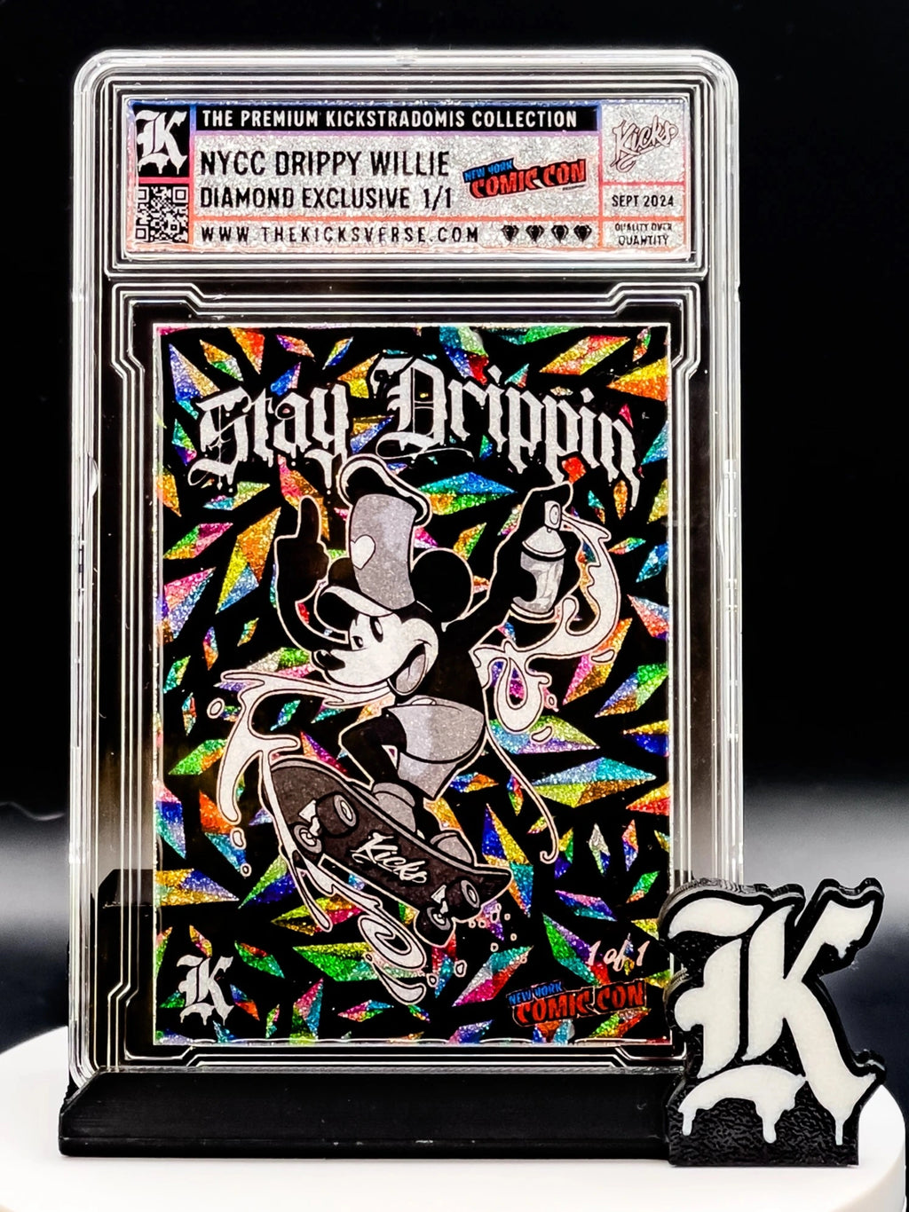 Collectible card with colorful design and text in a clear protective case.