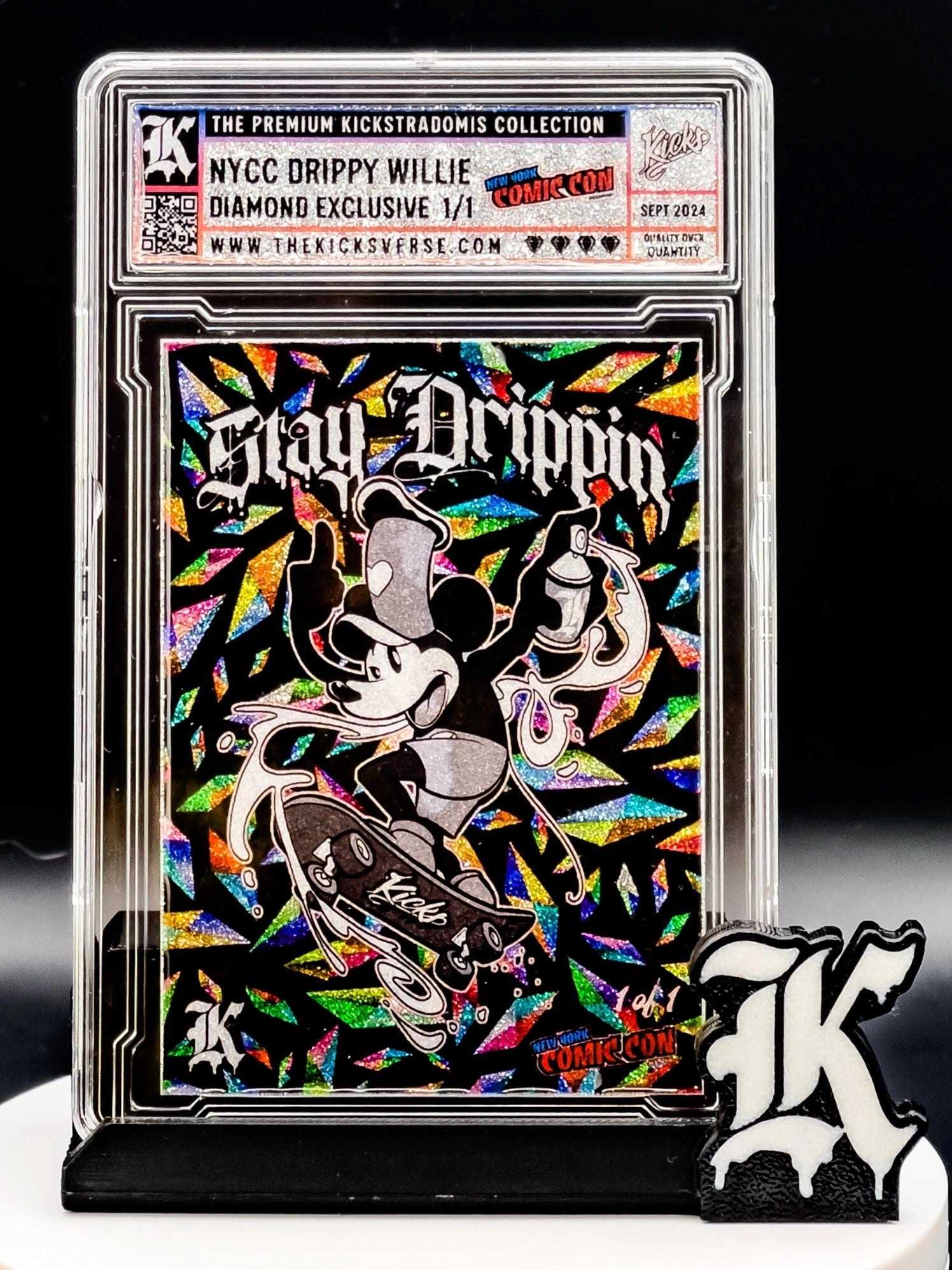 Collectible card with colorful design and text in a clear protective case.