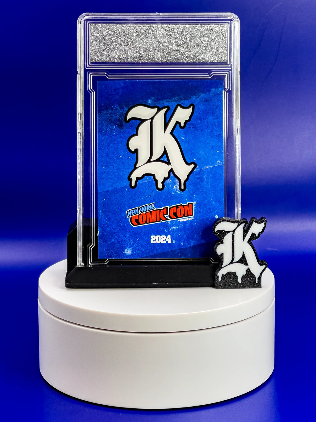 Collectible card with a logo on a blue background