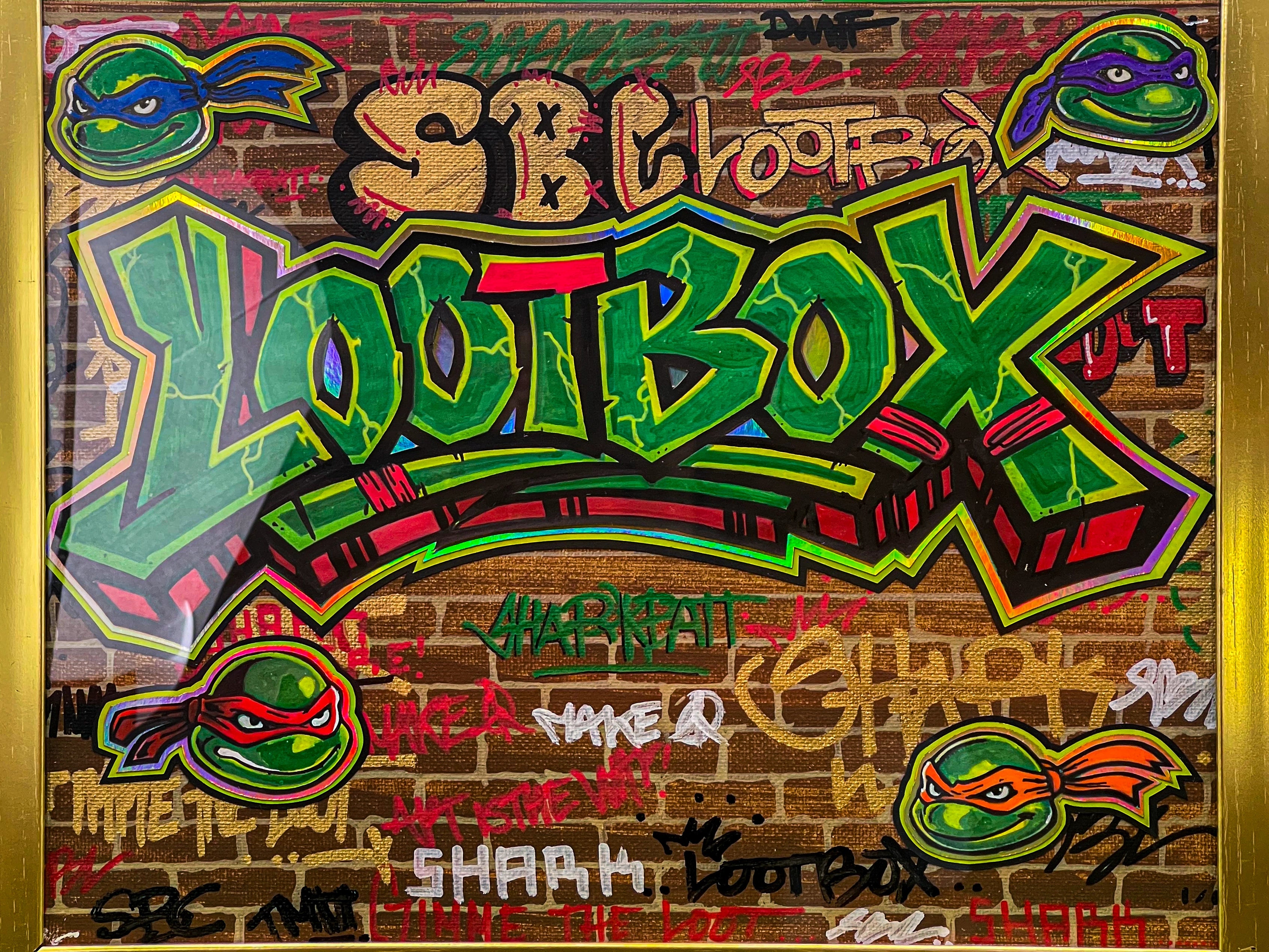 Colorful 'Lootbox' graphic with Teenage Mutant Ninja Turtles logos on a brick wall background.